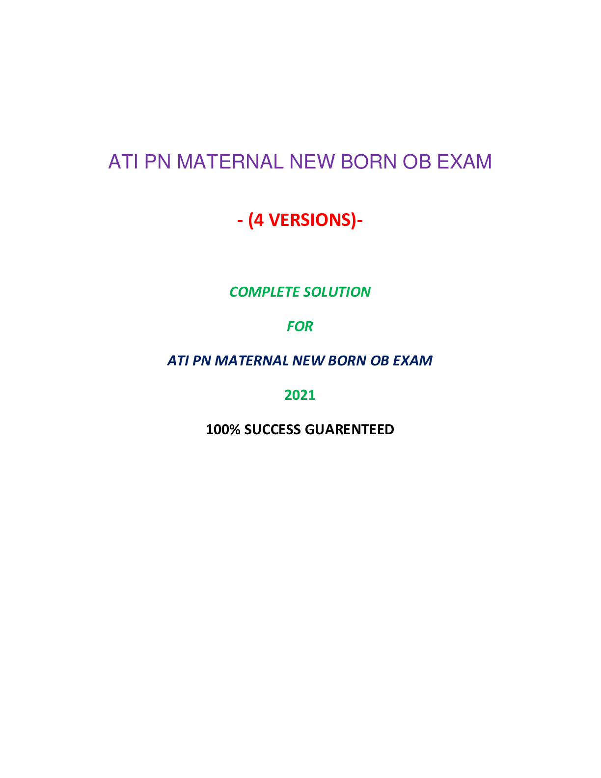 Preview image for ATI PN MATERNAL NEWBERN OB EXAM (4 VERSIONS)|Verified and 100% Correct Q & A, Complete Document for ATI Exam|